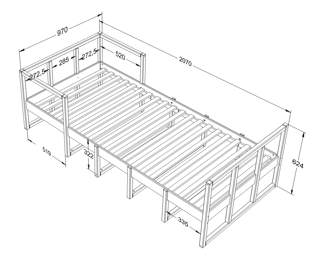 Wood Luck Design, Bed & Storage 90x200 cm, Muted Blue