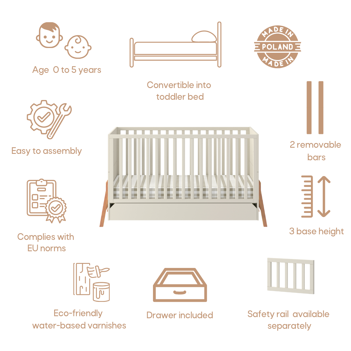 Bellamy, Lotta, Cot 2 IN 1, 70x140 cm, Latte
