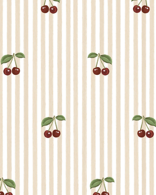 Little Cherries on Pink Stripes, Wallpaper