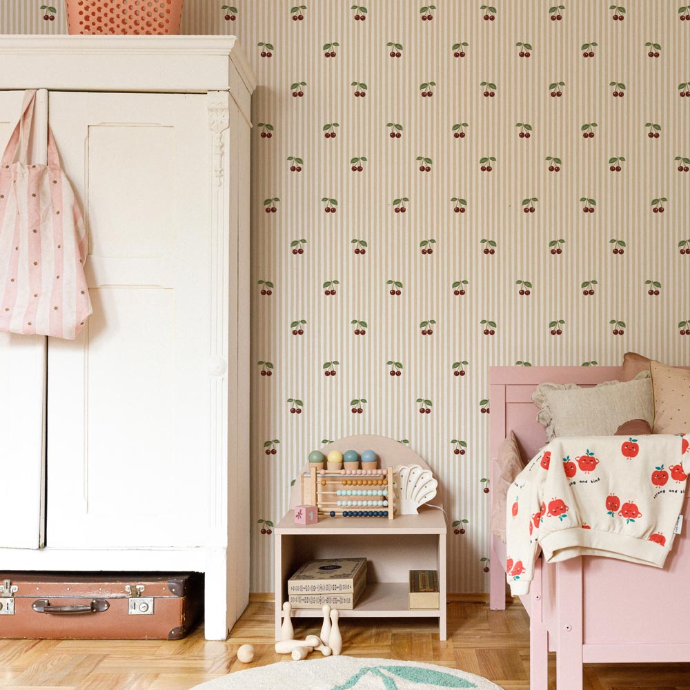 Little Cherries on Pink Stripes, Tapetti