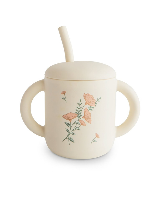 Mushie, silikonhallmugg, rosa blommor