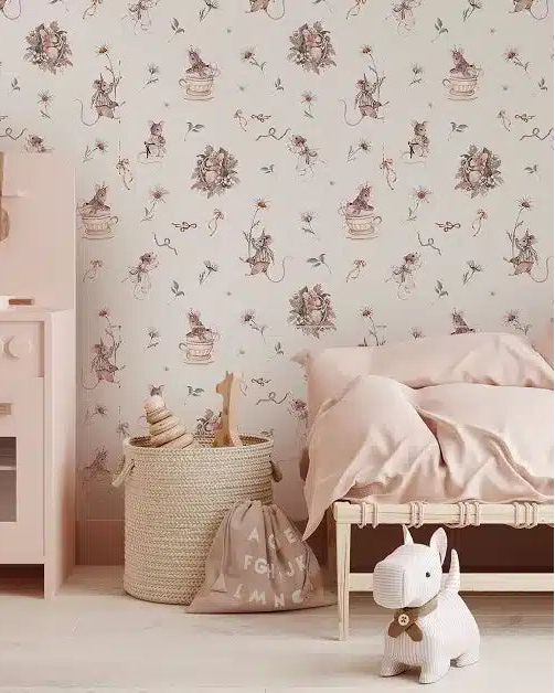 Mouse and Daisies Beige, Wallpaper