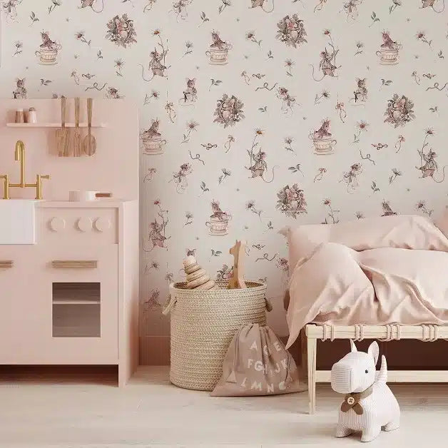 Mouse and Daisies Beige, Wallpaper