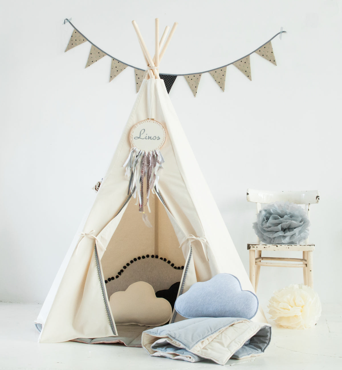 Hi Mili Play Tent Tiipii, Gray Pompom